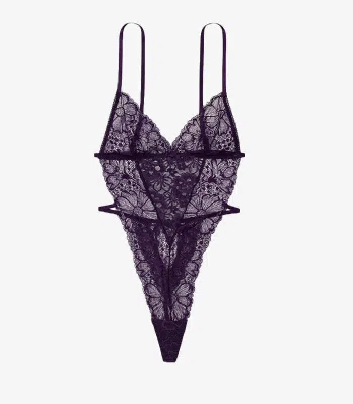 Product shot of the Noir Lace Bodysuit in black stretch lace.