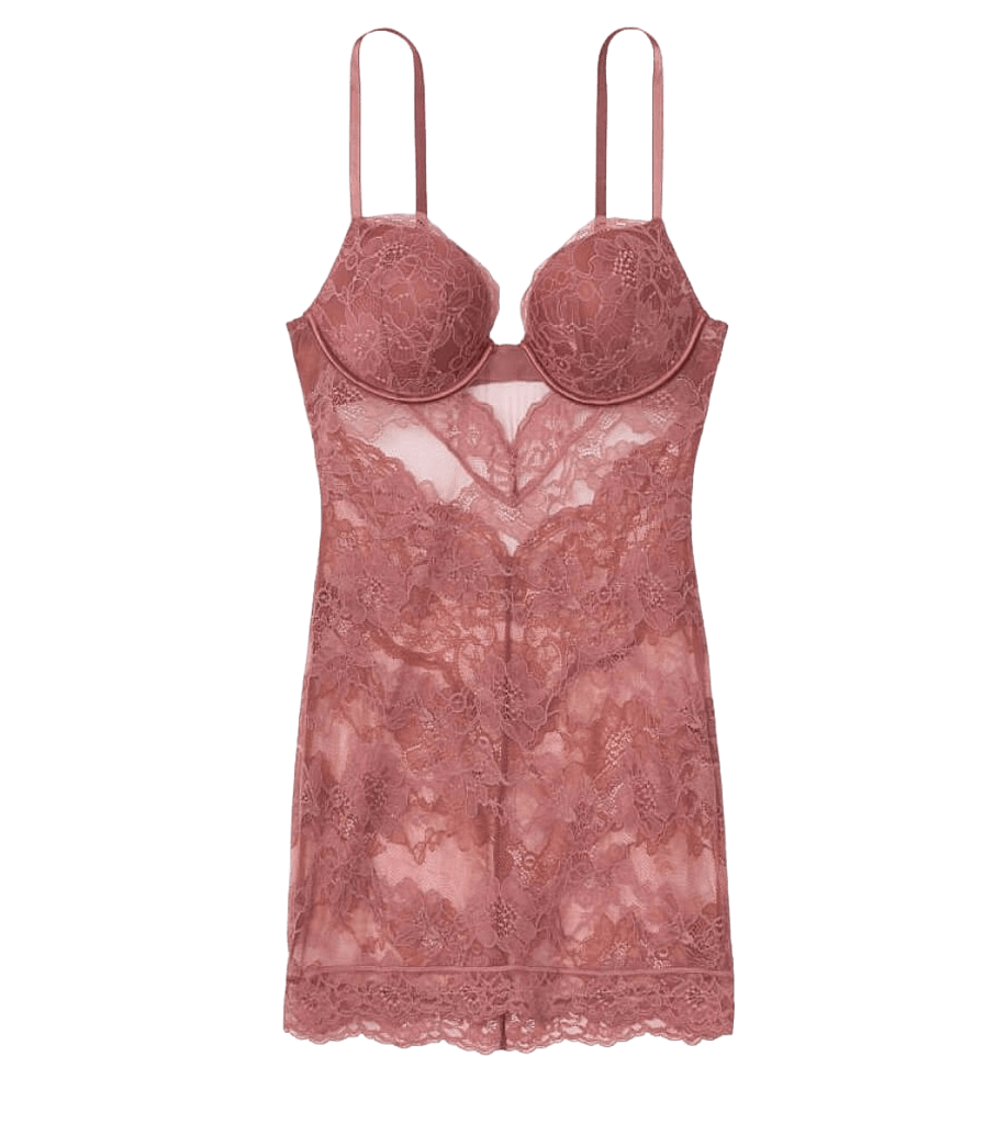 Product shot of the Dusty Rose babydoll chemise in lace-trimmed satin.