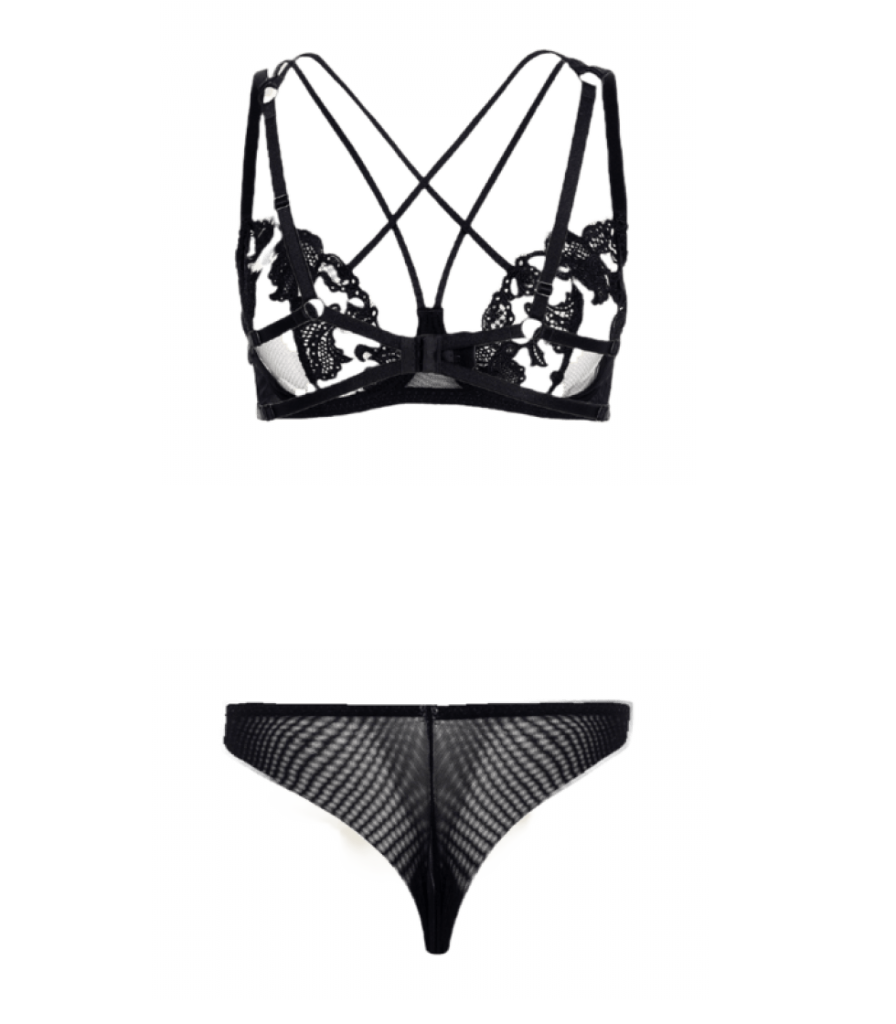 Product shot of the Garter Lace Set, a black lace bra, brief and garter belt.